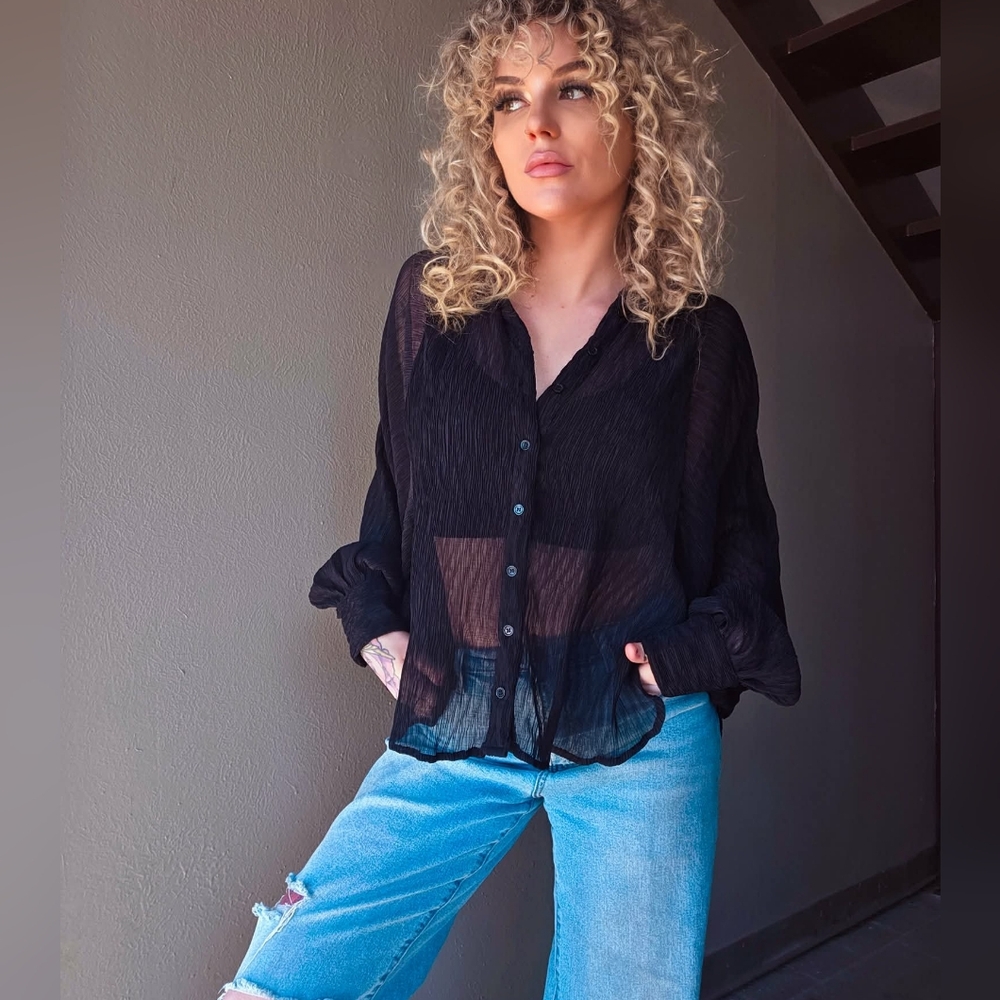 Black Sheer Button Up Blouse